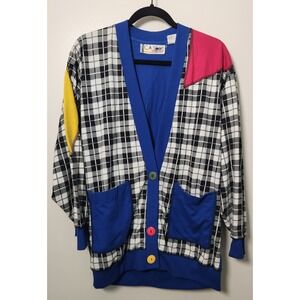 CA Sport Womens Colorblock 80s Cardigan L Vtg Plaid V-Neck Pockets Colorful Neon